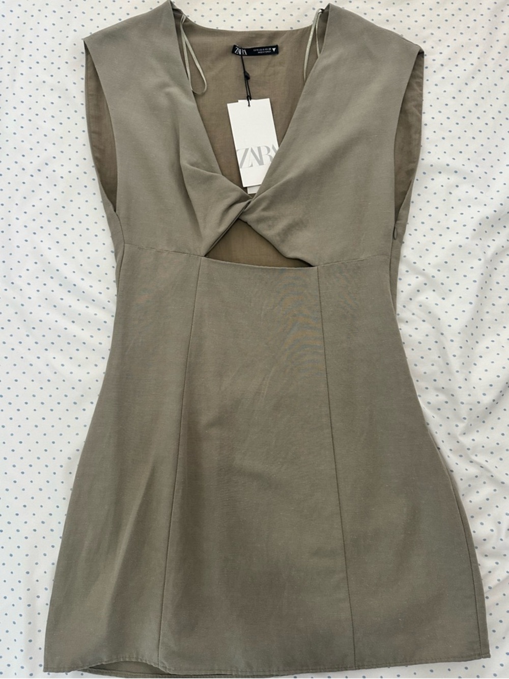 Zara Olive Green Dress Blend V-Neck Knot Dress – Above Knee – Size S – NWT